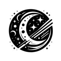 Stylized Black White Celestial Crescent Moons, Stars, and Geometric Elements within a Circle, Cosmic . vector