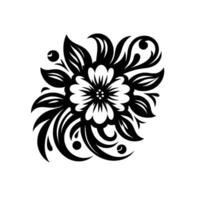 Elegant Floral in Monochrome Intricate, Symmetrical Bloom with Leaves, Spirals, and Berries on White Background. vector