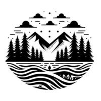 Minimalist circular landscape illustration featuring stylized mountains, evergreen trees, a body of water, and clouds, rendered in black and white. vector