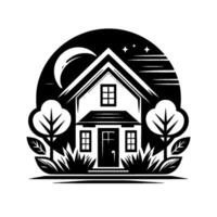 Stylized monochrome illustration of a house nestled in a natural setting under a crescent moon, stars, and a dark night sky. vector