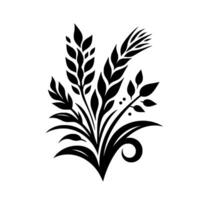 Black and white stylized illustration of wheat, leaves, and decorative elements, arranged in a symmetrical floral composition on white background. vector