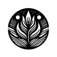 Circular minimalist black and white illustration of a stylized plant with gradient shading within a dotted and striped border, resembling a botanical emblem. vector