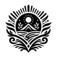 A Black and White Emblem Depicting a Mountainous Landscape with Sun, Foliage, and Decorative Elements in Circular Composition. vector