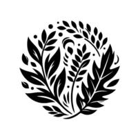 Elegant Black and White Botanical Emblem A Symmetrical Composition of Leaves, Twigs, and Berries within a Circle vector