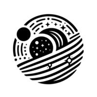 Minimalist Monochrome Cosmic Orbit Celestial Bodies Encircled with Starry Spheres and Layered Geometric Bands, Evoking Space. vector
