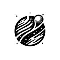 Stylized Black and White Celestial Illustration Cosmic Sphere with Swirls, Stars, and Floating Orb on Bright Backdrop. vector