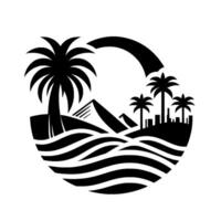 Stylized Black and White Landscape Palm Trees, Pyramids, and Waves in a Circular Composition, Evoking a Tropical Oasis. vector