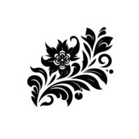 An Elegant, Black and White, Flourish Featuring an Ornamental Floral Pattern with Swirls, Leaves, and a Central Flower on a White Background. vector