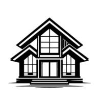 Black and white stylized architectural illustration of a modern twostory house with large windows, triangular rooflines, and a minimalist . vector