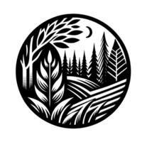 Black and White Silhouette of Scenic Landscape with Trees, Field, and Crescent Moon, Enclosed in a Circle. vector