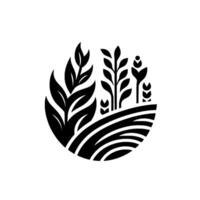 Stylized Black and White Cultivated Fields, Various Crops, and an Abstract Within a Circular Frame. vector