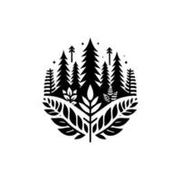 illustration of a circular, black and white nature featuring a forest scene with stylized trees and foliage within a frame. vector