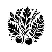 Stylized black and white circular arrangement of botanical elements, including leaves, berries, and apples, conveying a sense of natural beauty and minimalism. vector