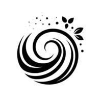 Minimalist Black and White Floral Swirl , Featuring Concentric Spirals, Leaves, and Dots on a White Background vector