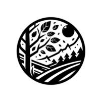 Black and white circular minimalist nature illustration featuring a tree, leaves, hills, mountains, fir trees, and a spherical object, possibly a sun or moon. vector