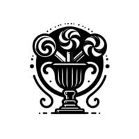 Black and White Illustration of Swirl Lollipops Arranged in a Decorative Urn, within a Circular Frame with Ornamental . vector