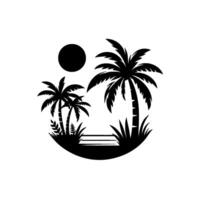 Silhouette of palm trees, sun, and foliage within a circular frame on a white background, evoking a tropical landscape. vector