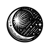 A stylized celestial emblem features a crescent moon embracing a starburst, surrounded by cosmic elements in a black and white . vector