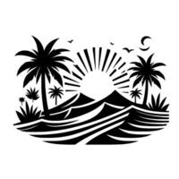 Silhouette of Tropical Paradise Palm trees, sun, moon, and mountains create a serene beachscape against white background. vector