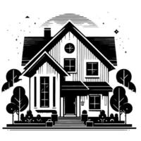 Modern Minimalist Black and White Illustration of a TwoStory House with Gabled Roof, Landscaping, and Stellar Background. vector