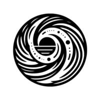 Abstract black and white circular , featuring a stylized sun or horizon within a swirling pattern of lines and dots. vector