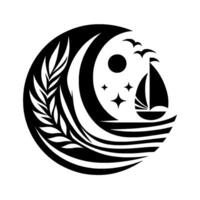 Circular Monochrome Sailboat, moon, stars, birds, and foliage create a harmonious and minimalist depiction of nature. vector