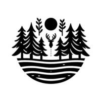 Black and White Minimalist Winter Scene with Pine Trees, Reindeer, Sun, and Geometric Landscape in Circular Composition. vector