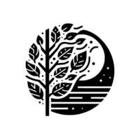 Stylized black and white circular illustration featuring a tree with leaves, a crescent moon, and horizontal lines, creating a minimalist landscape. vector