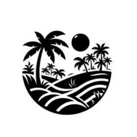Stylized black and white tropical scene within a circle, featuring palm trees, rolling hills, grassy areas, and a sun. vector
