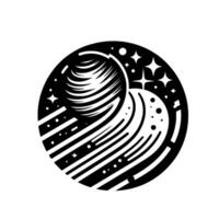 Black and white circular illustration of space a striped planet, a dotted moon, and stars. vector