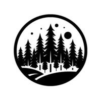 Monochrome forest scene within a circle, featuring silhouetted pine trees on a hill with celestial bodies minimalist natureinspired . vector