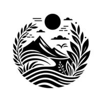 Monochromatic, circular landscape composition stylized mountains, rolling hills, botanical frame, sun, clouds, and birds. vector