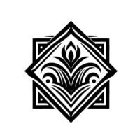 Geometric Floral Emblem A symmetrical black and white illustration featuring a stylized flower enclosed within layered diamond and square frames, emphasizing clean lines. vector