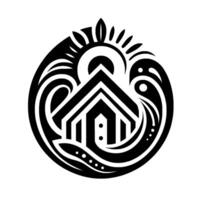 Abstract minimalist illustration of a house surrounded by stylized waves and sun, within a circular black and white . vector