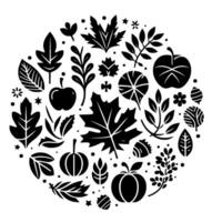 Black and white circular autumn harvest featuring various leaves, pumpkins, apples, and floral elements, arranged symmetrically. vector
