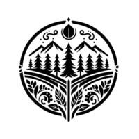 Circular black and white naturethemed featuring stylized mountains, evergreen trees, and ornate floral elements, set within a decorative border and droplet. vector