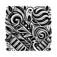 Intricate Black White Square Composition Lollipops, Candies, and Floral Elements in a Detailed Decorative Pattern, Artistic . vector