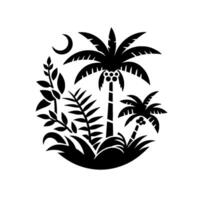 Black and white tropical island scene featuring palm trees, vegetation, crescent moon in a circular arrangement, creating a serene island silhouette. vector