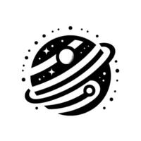 Stylized Black and White Illustration of a Planet with Rings, Moons, and Stars in a Minimalist, Style. vector
