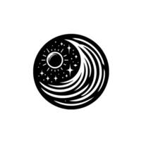 Black and White Circular Depicting a Celestial Harmony Sun, Moon, and Stars Intertwined in a Modern, Minimalist Style. vector
