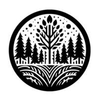 Circular Black and White Nature Scene A stylized landscape featuring trees, fields, and a central large tree with dots, presented on a white background. vector