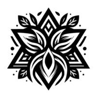 Geometric Mandala in Black White, with Starburst, Leafy Elements, and Modern, Minimalist Style on White Background. vector