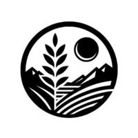 Circular black and white Wheat stalk, mountains, fields and sun, encapsulated in a bold circle. vector