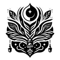 Intricate Black and White Geometric Floral with Moon, Star, and Lantern Elements on White Background. vector
