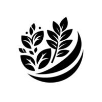 Elegant black and white circular featuring stylized leaf branches and a subtle layered base, evoking nature and simplicity. vector