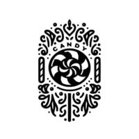 Ornate Black and White Lollipop Featuring a Swirl with the Word CANDY as part of an Ornamental Border. vector