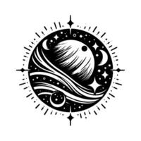 Celestial black and white stylized cosmic emblem featuring a planet encircled by swirling elements, moons, and stars within a compasslike border. vector