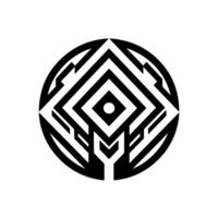 Geometric black and white abstract with concentric squares, circular frame, and a central dot, creating a striking visual pattern. vector