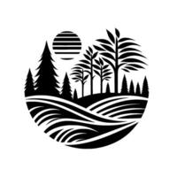 Stylized black and white landscape illustration depicting a circular scene of trees, rolling hills, and a striped sun, all within a minimalist . vector
