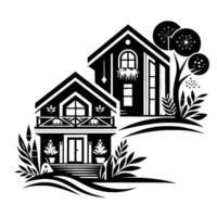 Black and white illustration of two stylized houses with decorative trees and foliage, depicting a serene, natural scene. vector